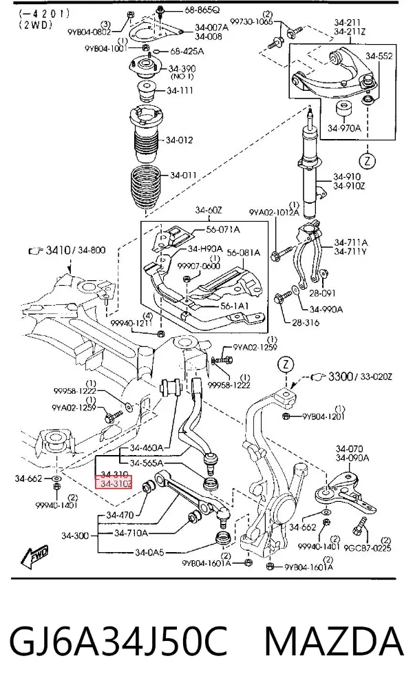 Braço oscilante inferior esquerdo de suspensão dianteira GJ6A34J50C Mazda