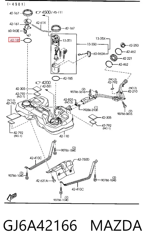 Vedante de sensor do nível de combustível/da bomba de combustível (tanque de combustível) GJ6A42166 Mazda