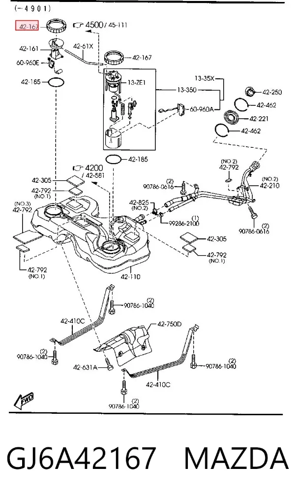 Vedante de sensor do nível de combustível/da bomba de combustível (tanque de combustível) GJ6A42167 Mazda