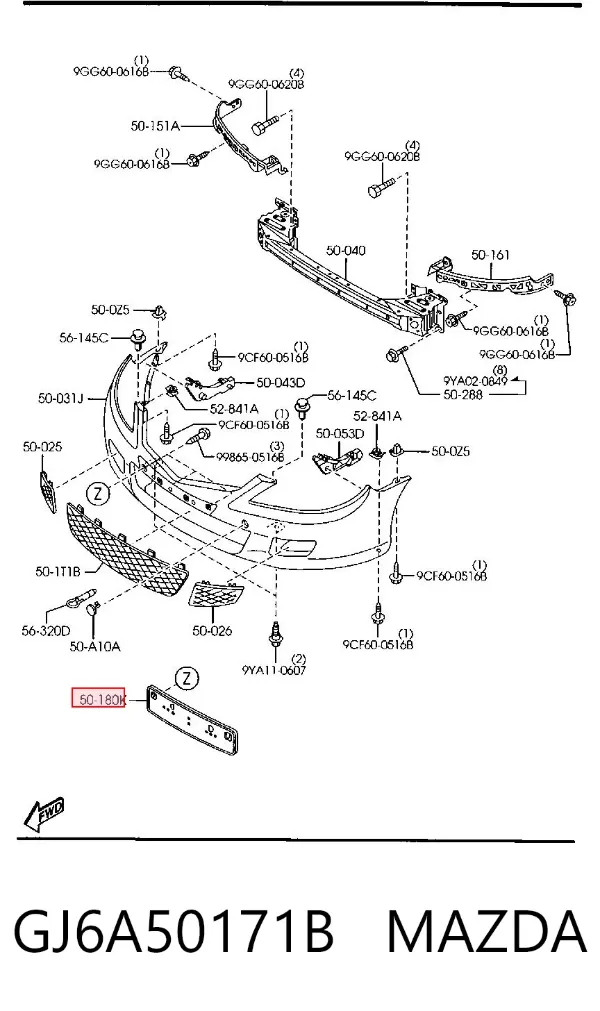Painel de fixação de matrícula dianteira GJ6A50171B Mazda