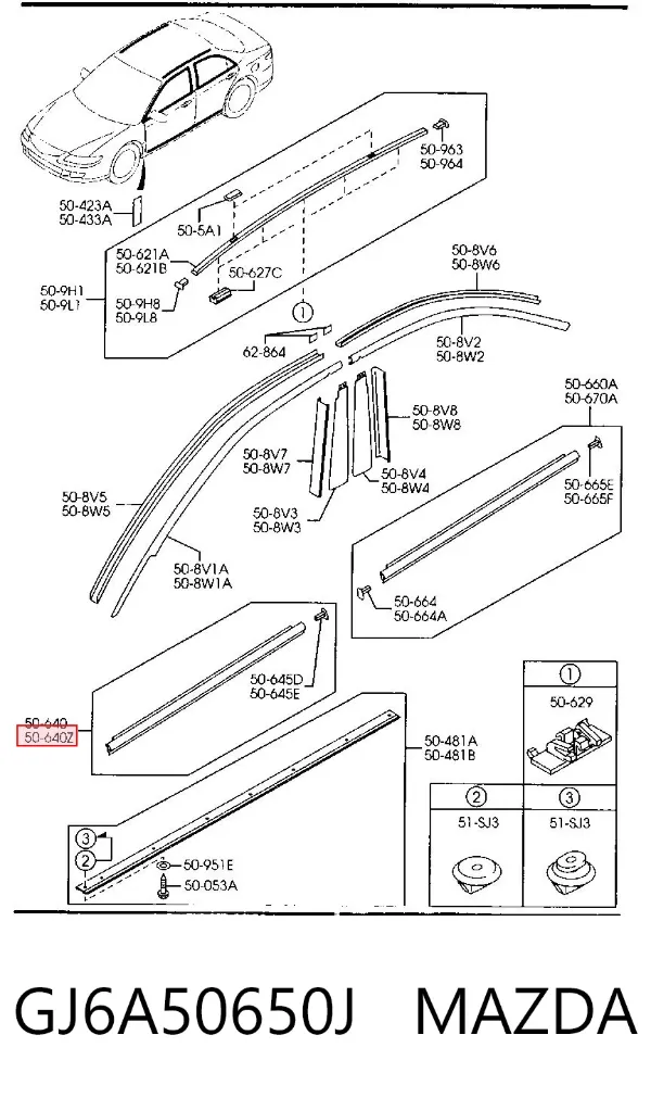 Moldura de vidro deslizante da porta dianteira esquerda GJ6A50650J Mazda