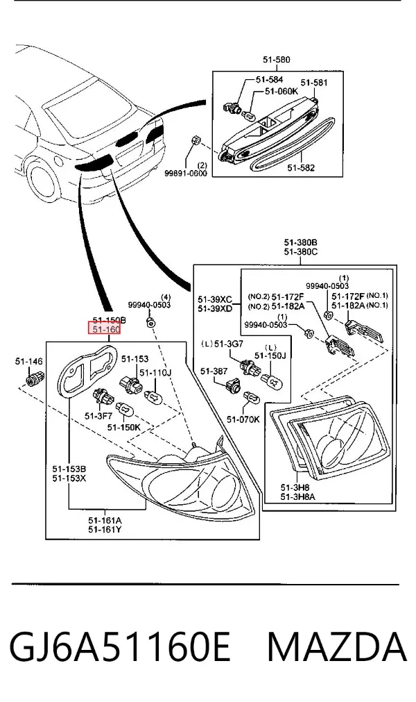 Lanterna traseira esquerda externa GJ6A51160E Mazda