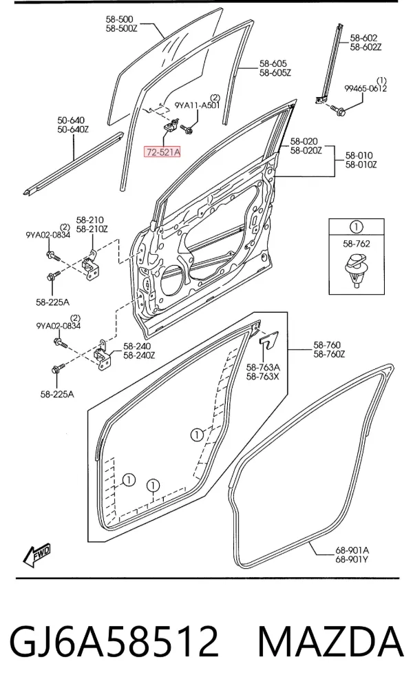 Fixador de vidro lateral GJ6A58512 Mazda