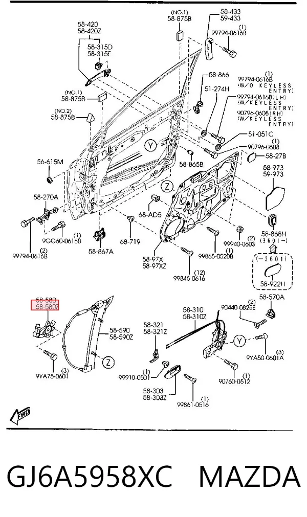 Motor de acionamento de vidro da porta dianteira esquerda GJ6A5958XC Mazda