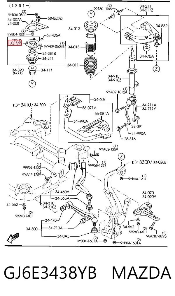 Suporte de amortecedor dianteiro GJ6E3438YB Mazda