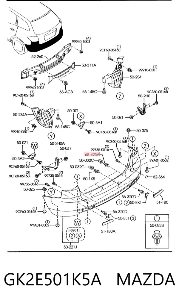 Cápsula (prendedor) de fixação do pára-choque traseiro GK2E501K5A Mazda