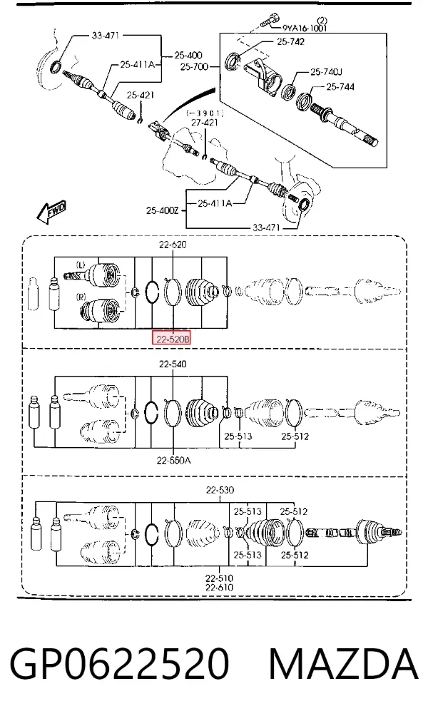 Junta homocinética interna dianteira direita GP0622520 Mazda