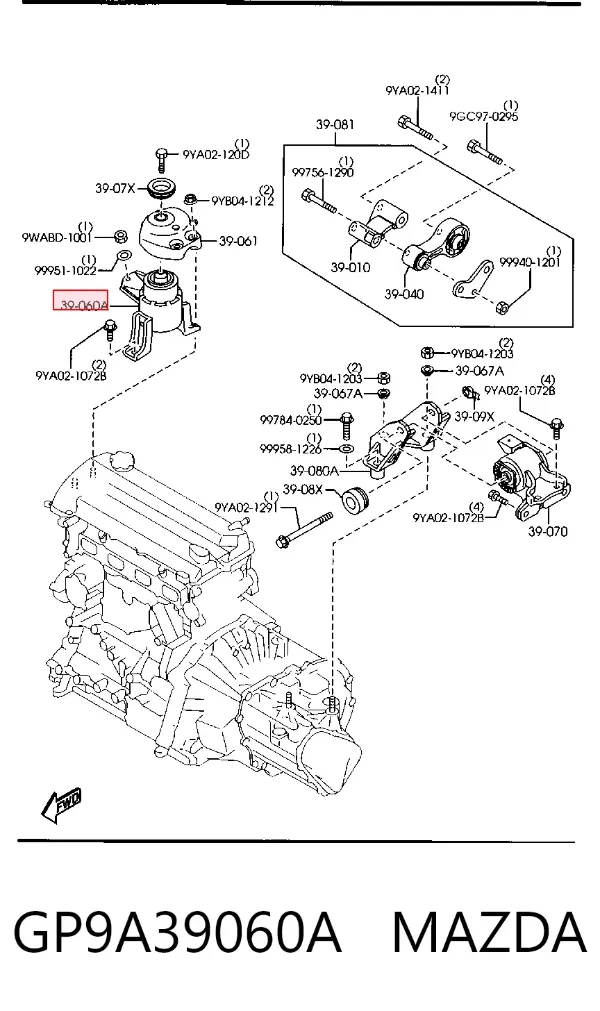 Coxim (suporte) direito de motor GP9A39060A Mazda