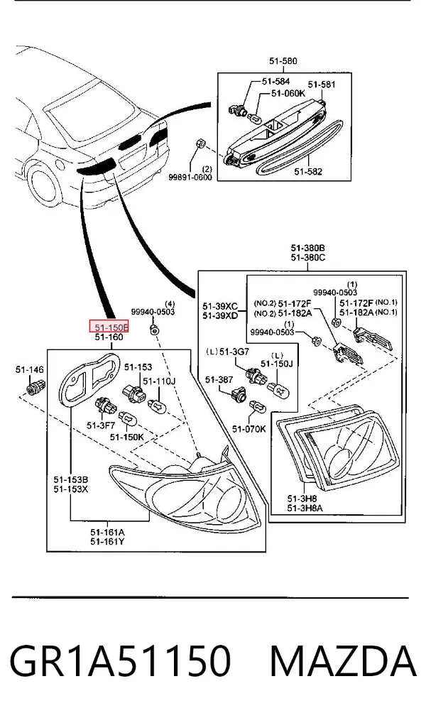 Lanterna traseira direita externa GR1A51150 Mazda