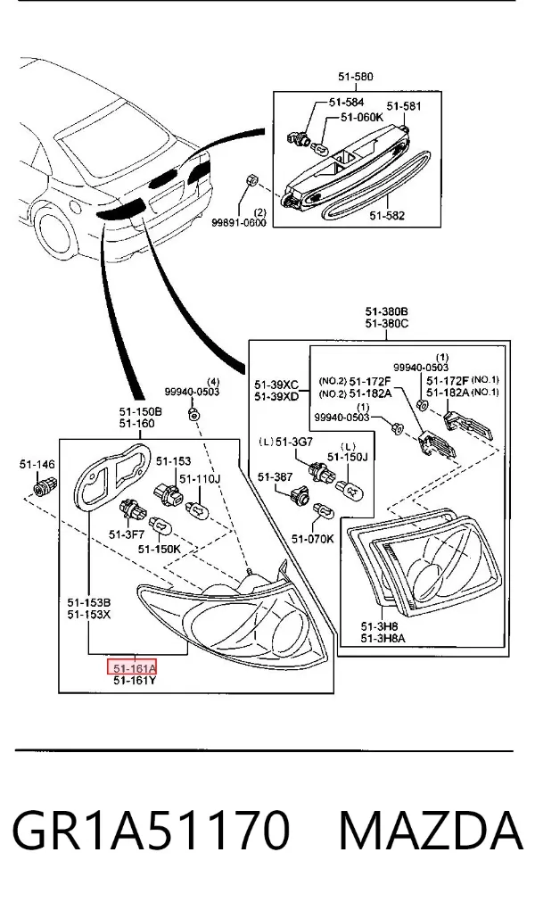 Lanterna traseira direita externa GR1A51170 Mazda