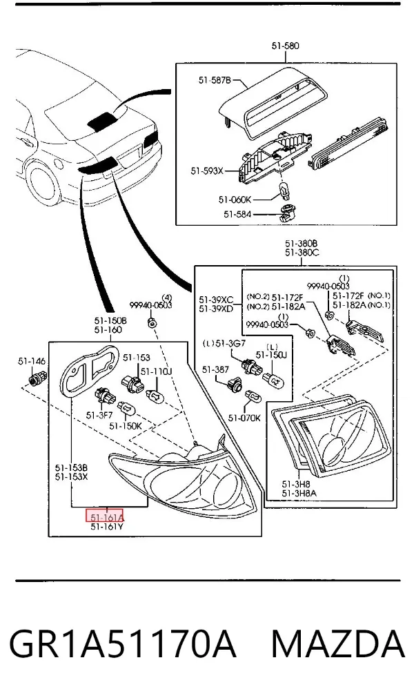 Lanterna traseira direita externa GR1A51170A Mazda
