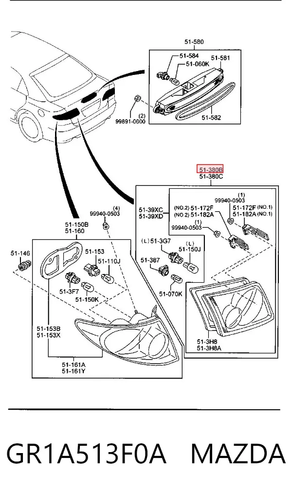 Lanterna traseira direita interna GR1A513F0A Mazda