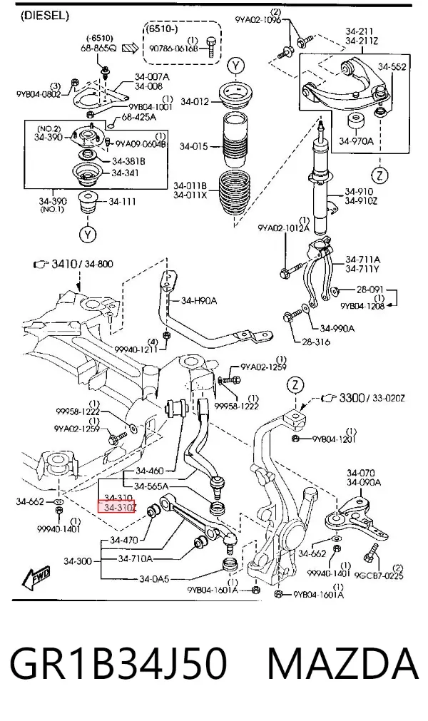 Braço oscilante inferior esquerdo de suspensão dianteira GR1B34J50 Mazda