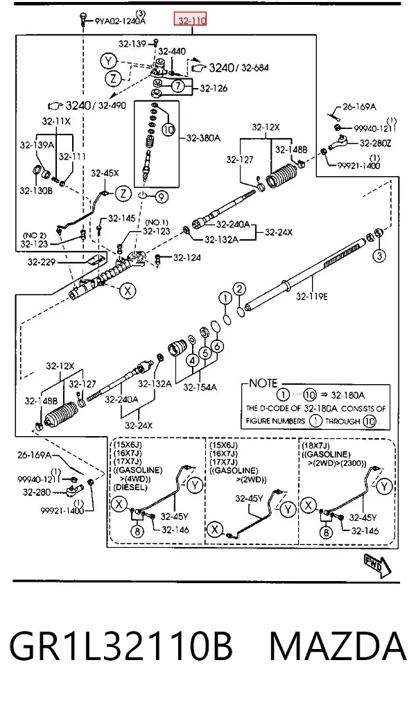 Cremalheira da direção GR1L32110B Mazda