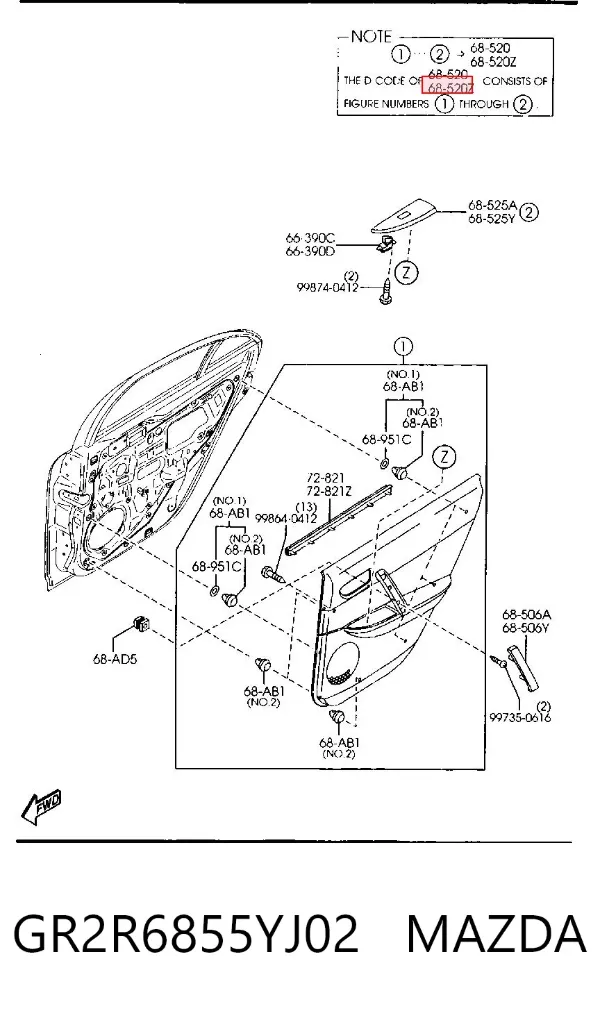 Revestimento (cobrimento) interno da porta traseira esquerda GR2R6855YJ02 Mazda