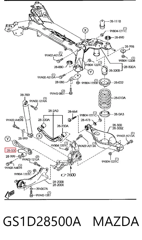 Braço oscilante inferior esquerdo de suspensão traseira/direita GS1D28500A Mazda