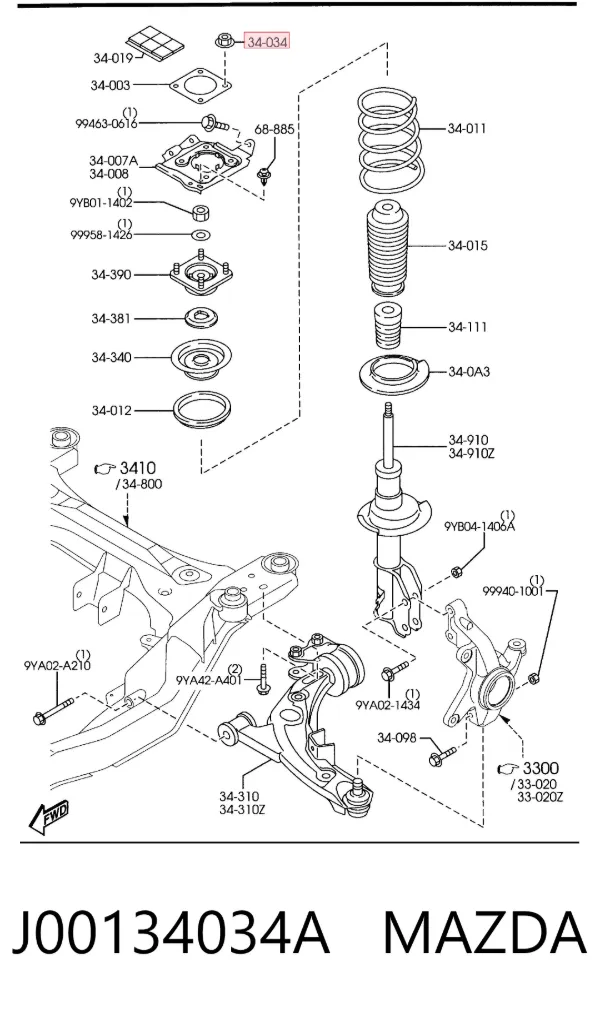 Suporte de amortecedor dianteiro J00134034A Mazda