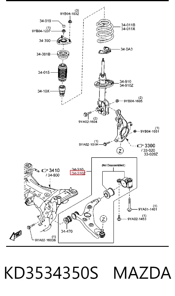 Braço oscilante inferior esquerdo de suspensão dianteira KD3534350S Mazda