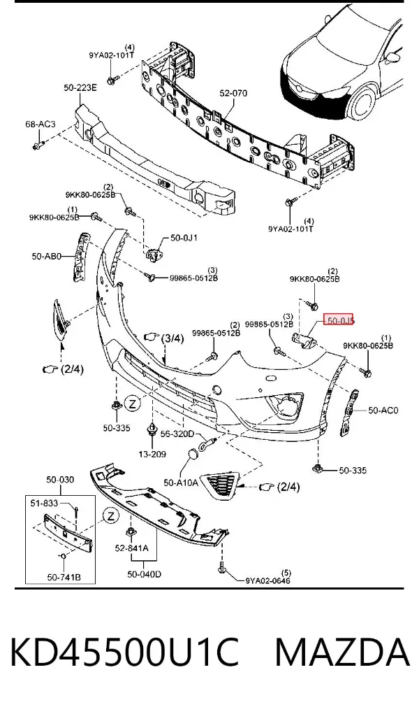 Consola externa esquerda do pára-choque dianteiro KD45500U1C Mazda