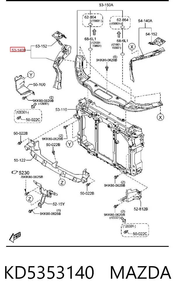 Suporte direito do radiador (painel de montagem de fixação das luzes) KD5353140 Mazda