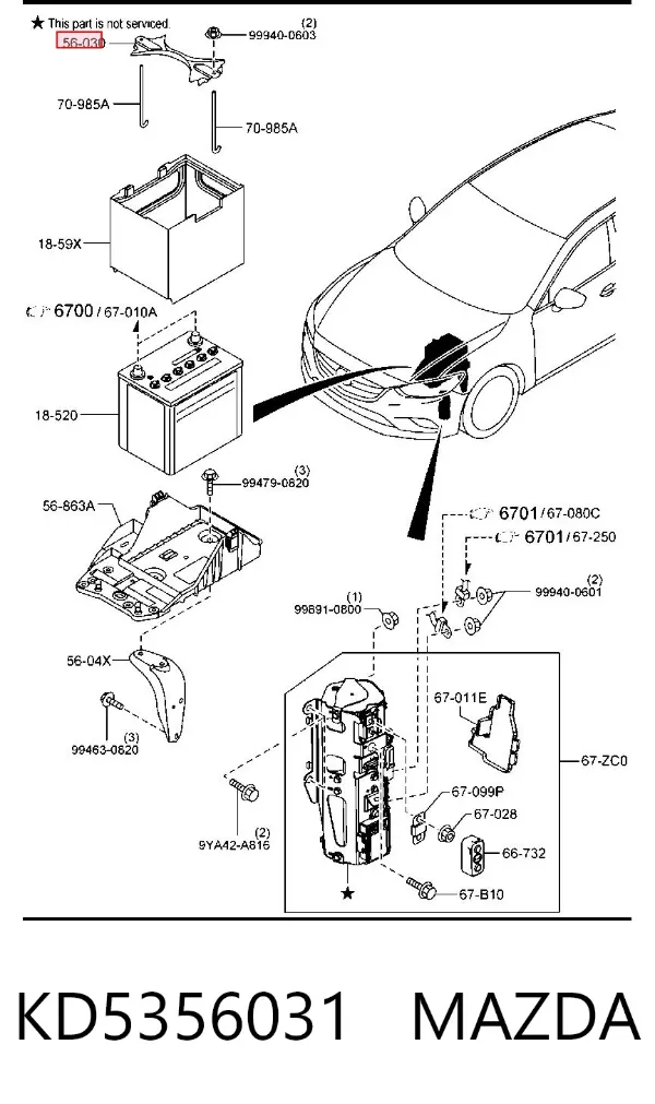 Fixação (suporte) de bateria recarregável KD5356031 Mazda