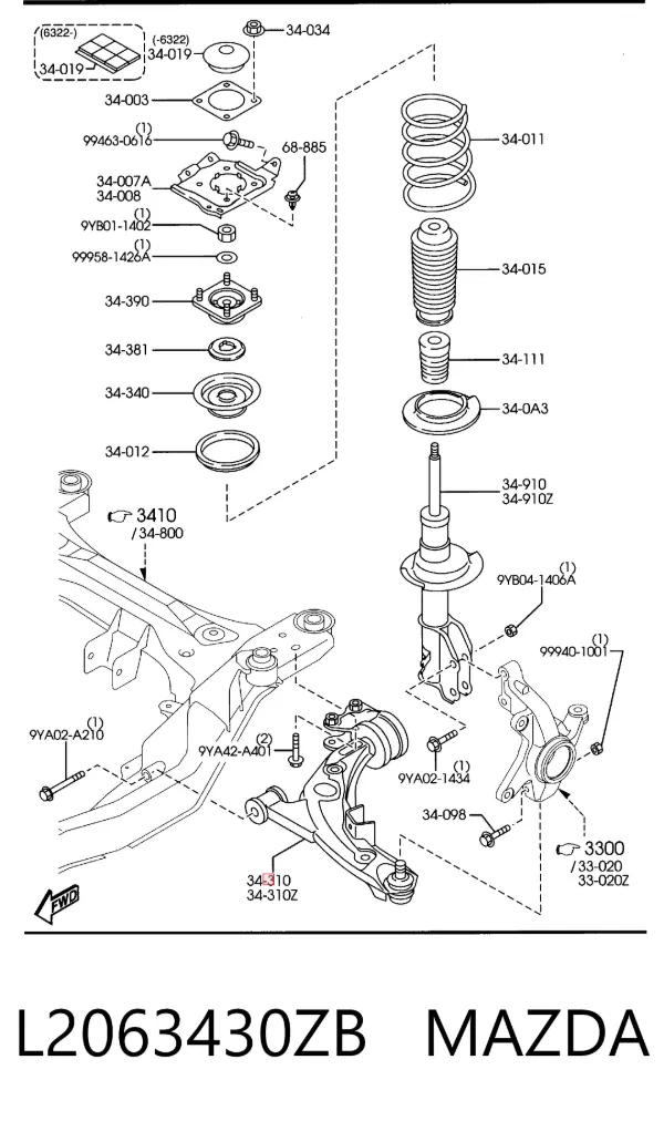 Braço oscilante inferior direito de suspensão dianteira L2063430ZB Mazda