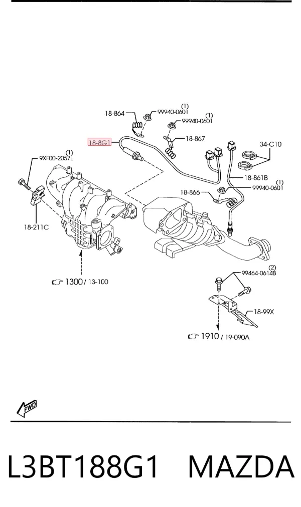 Sonda lambda, sensor de oxigênio até o catalisador L3BT188G1 Mazda