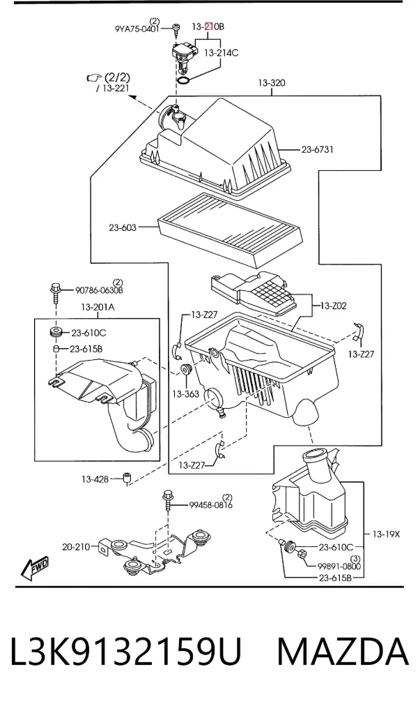 Sensor de fluxo (consumo) de ar, medidor de consumo M.A.F. - (Mass Airflow) L3K9132159U Mazda