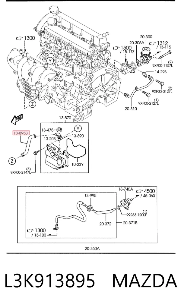 Cano derivado de ventilação de cárter (de separador de óleo) L3K913895 Mazda