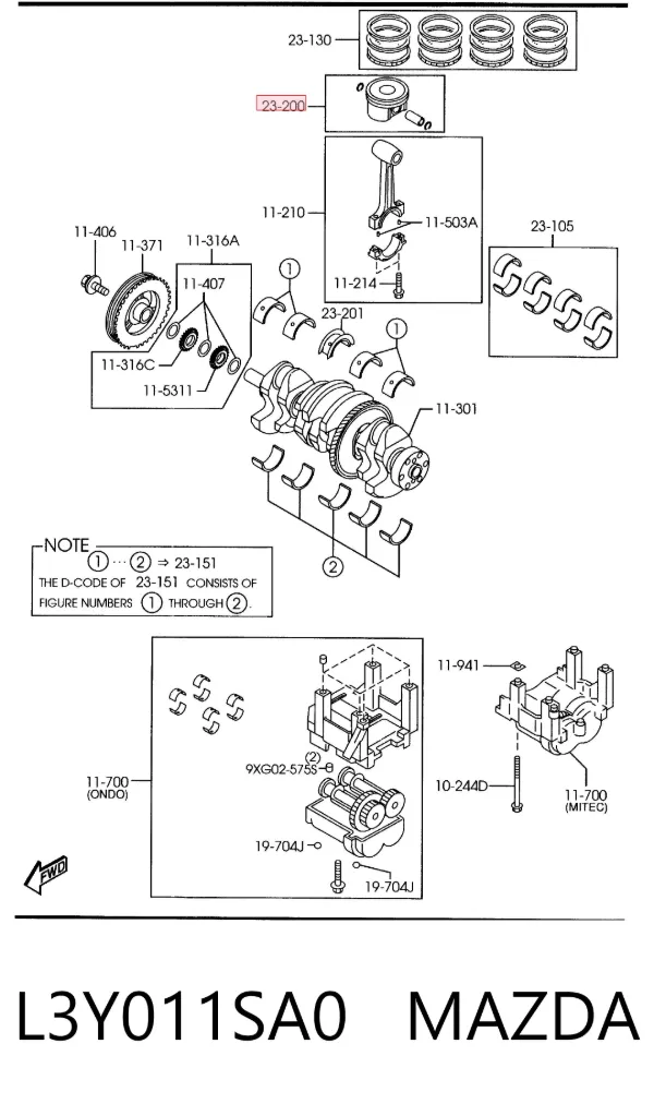 Pistão com passador sem anéis, STD L3Y011SA0 Mazda