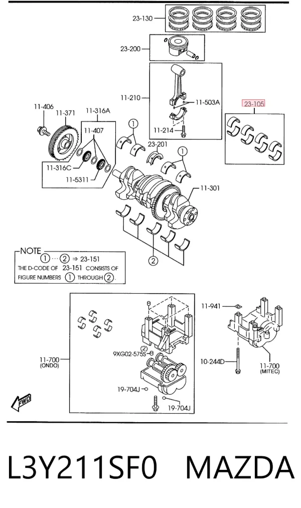 Folhas inseridas principais de cambota, kit, 1ª reparação ( + 0,25) L3Y211SF0 Mazda