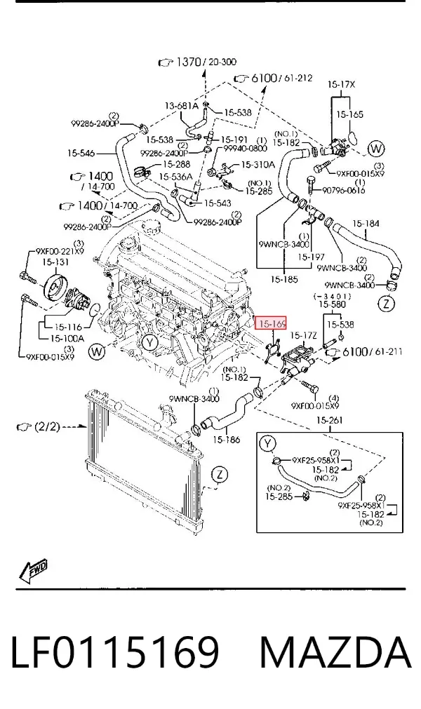 Vedante do flange (da união em T) do sistema de esfriamento LF0115169 Mazda
