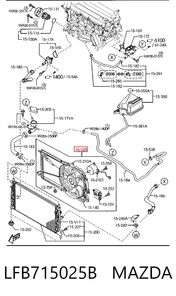 Ventilador elétrico de esfriamento montado (motor + roda de aletas) LFB715025B Mazda