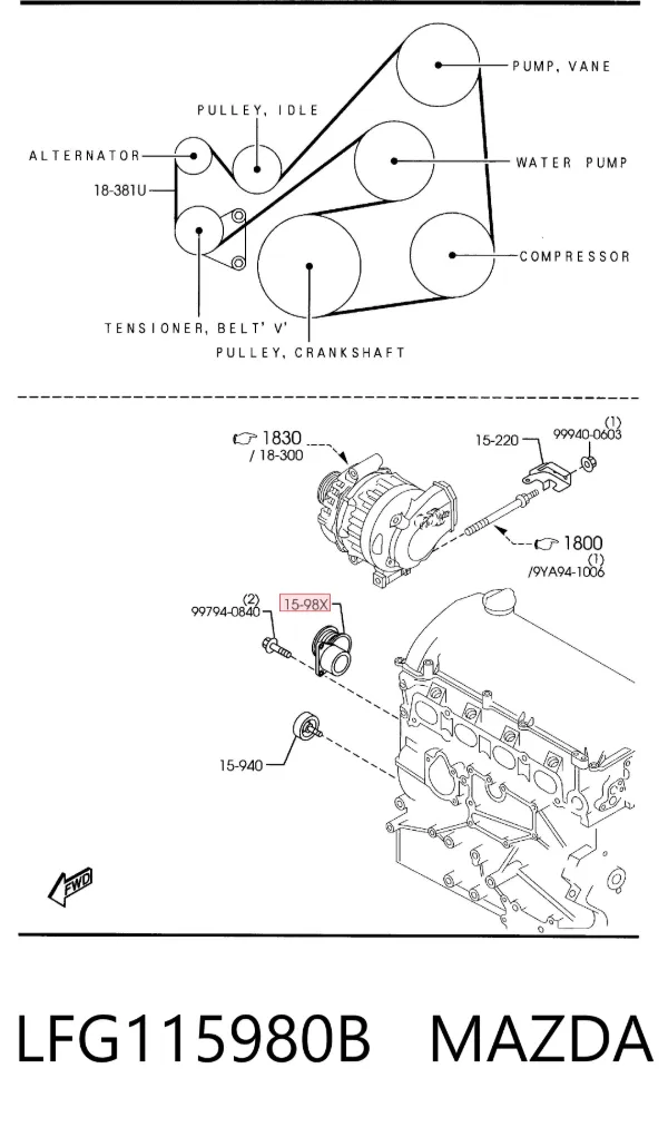 Reguladora de tensão da correia de transmissão LFG115980B Mazda