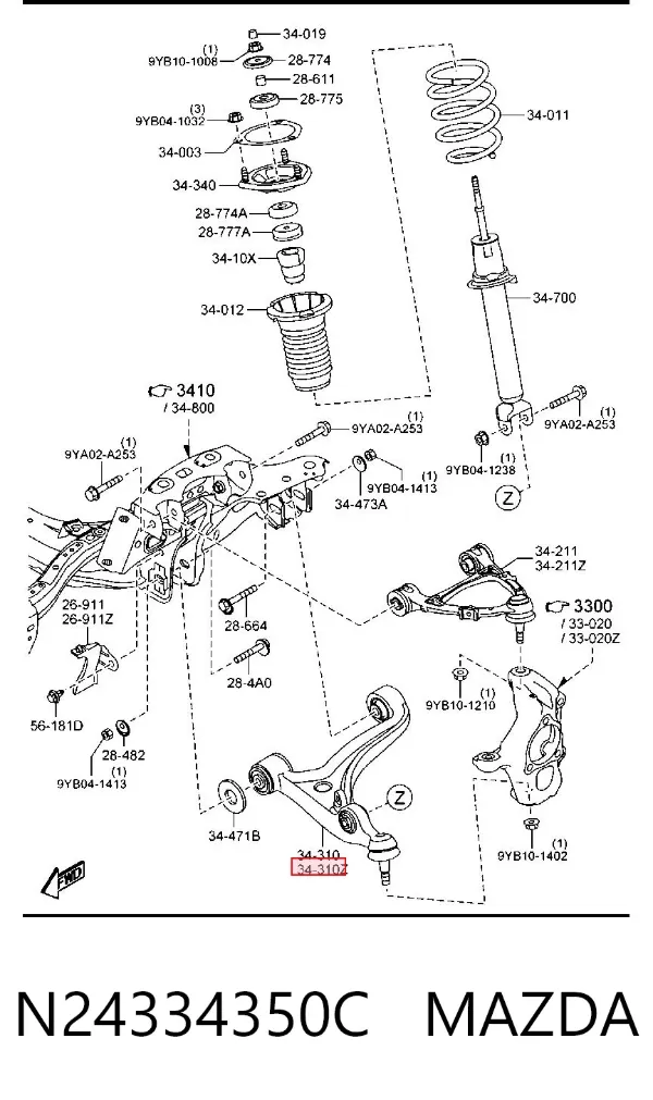 Braço oscilante inferior esquerdo de suspensão dianteira N24334350C Mazda