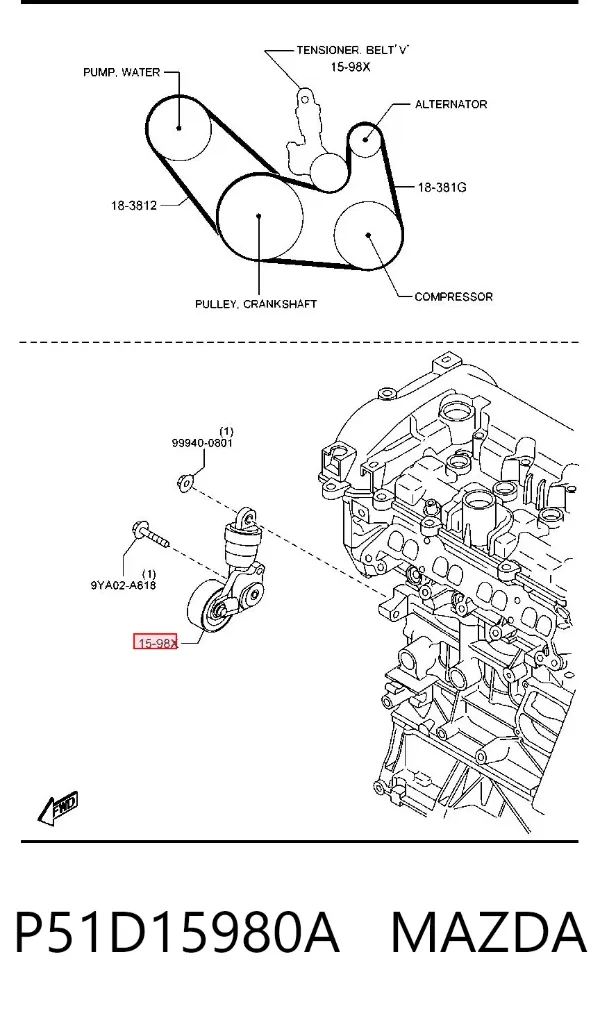 Reguladora de tensão da correia de transmissão P51D15980A Mazda