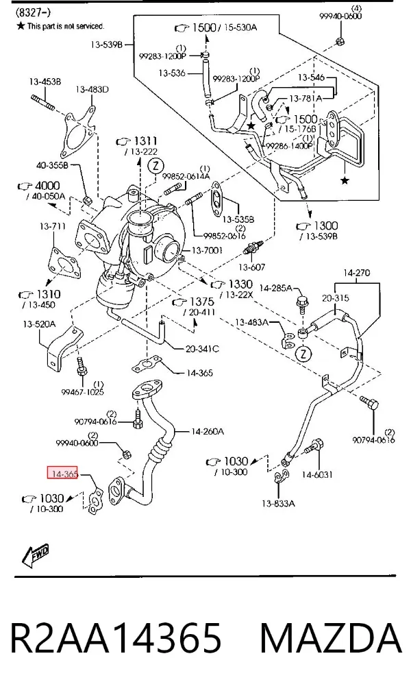Vedante de mangueira de derivação de óleo de turbina R2AA14365 Mazda