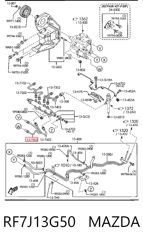 Tubo de combustível, desde a Bomba de Combustível de Pressão Alta até a sonda de combustível RF7J13G50 Mazda