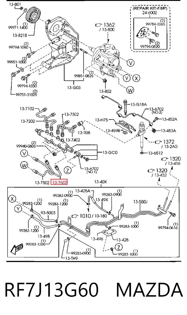 Tubo de combustível, desde a Bomba de Combustível de Pressão Alta até a sonda de combustível RF7J13G60 Mazda