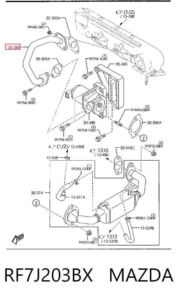 Cano derivado do sistema de recirculação dos gases de escape EGR RF7J203BX Mazda