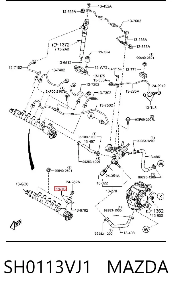 Vedante anular de tubo de combustível SH0113VJ1 Mazda
