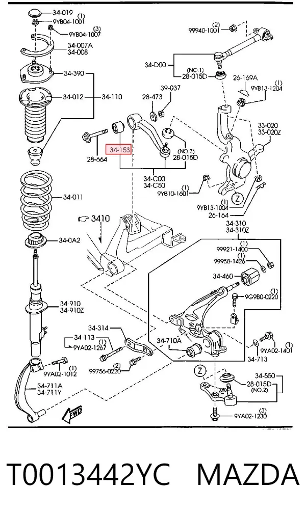 Bloco silencioso dianteiro do braço oscilante superior T0013442YC Mazda