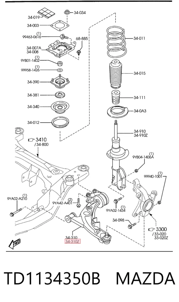 Braço oscilante inferior esquerdo de suspensão dianteira TD1134350B Mazda