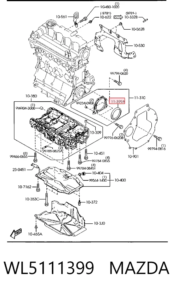 Vedação traseira de cambota de motor WL5111399 Mazda
