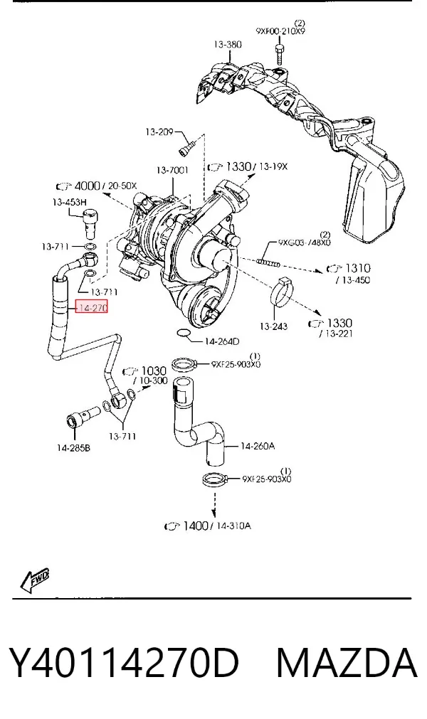 Tubo (mangueira) de fornecimento de óleo de turbina Y40114270D Mazda