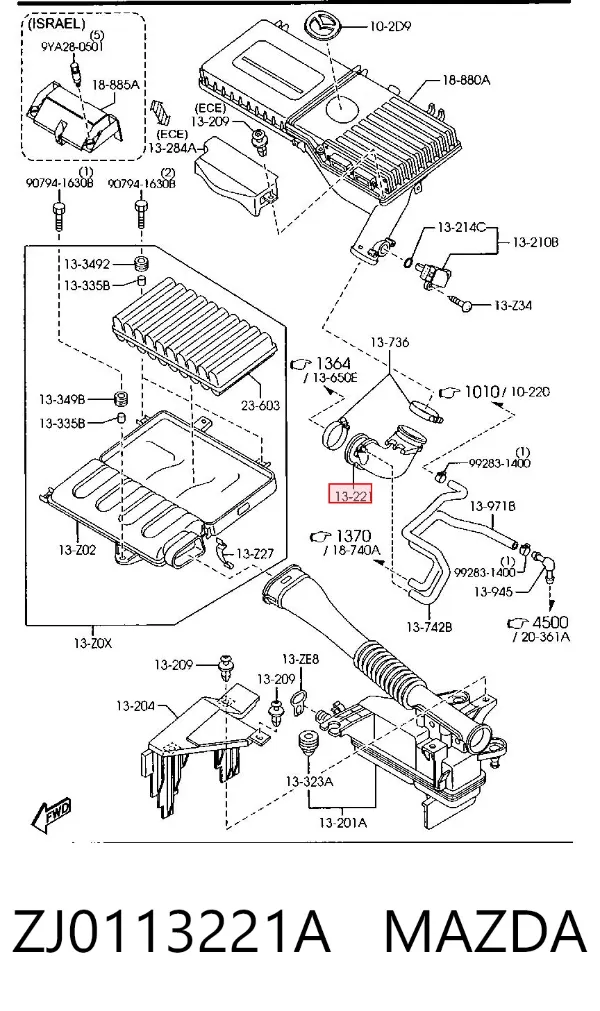Cano derivado de ar, saída de filtro de ar ZJ0113221A Mazda