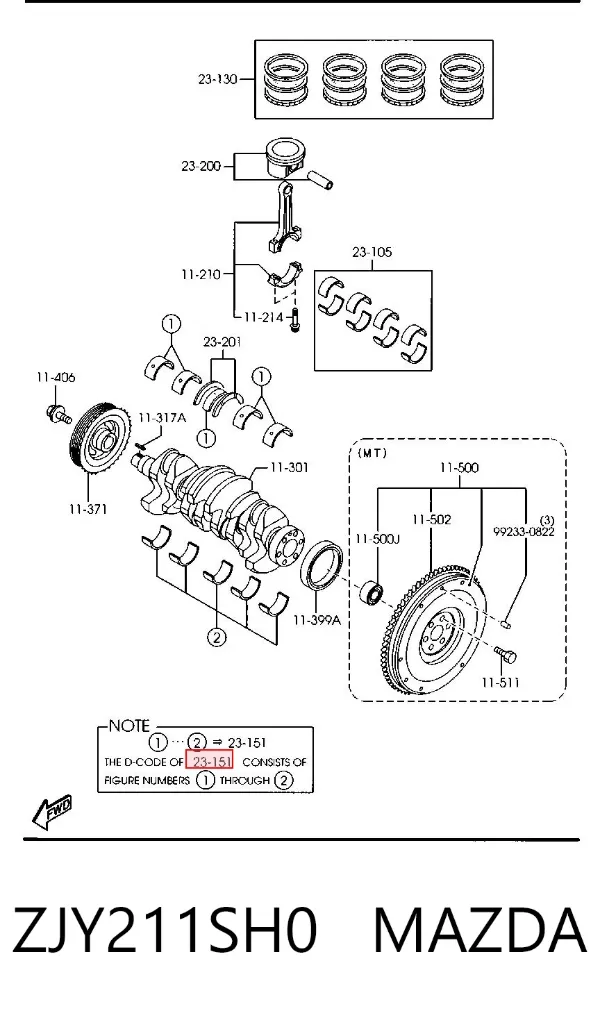 Folhas inseridas principais de cambota, kit, 1ª reparação ( + 0,25) ZJY211SH0 Mazda