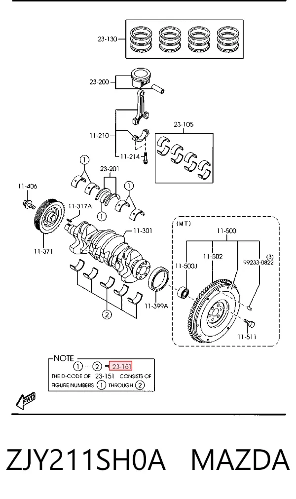 Folhas inseridas principais de cambota, kit, 1ª reparação ( + 0,25) ZJY211SH0A Mazda