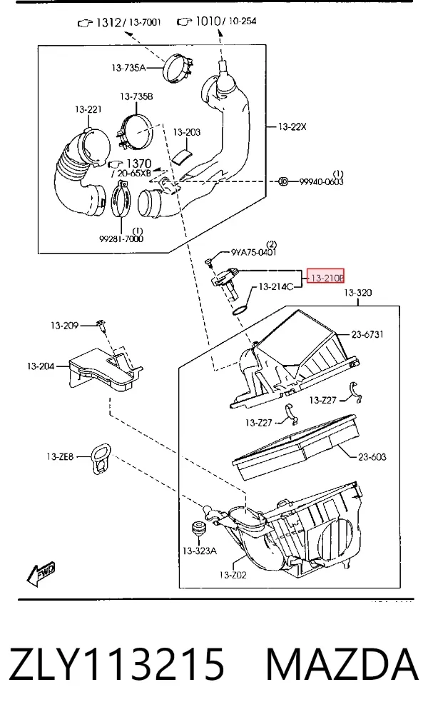 Sensor de fluxo (consumo) de ar, medidor de consumo M.A.F. - (Mass Airflow) ZLY113215 Mazda