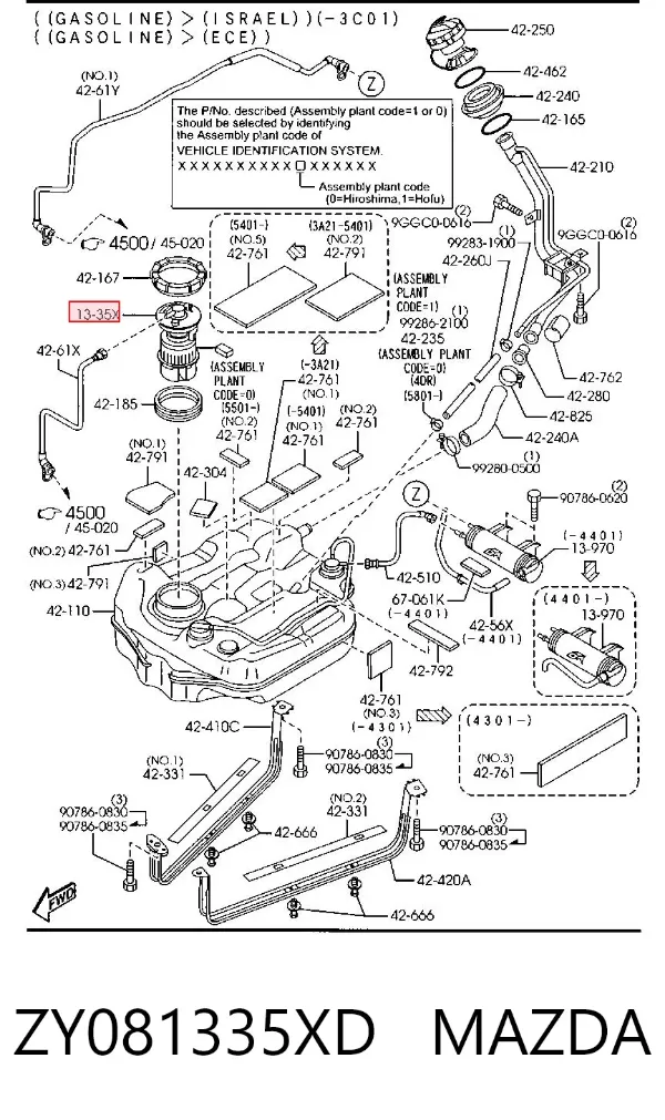 Módulo de bomba de combustível com sensor do nível de combustível ZY081335XD Mazda